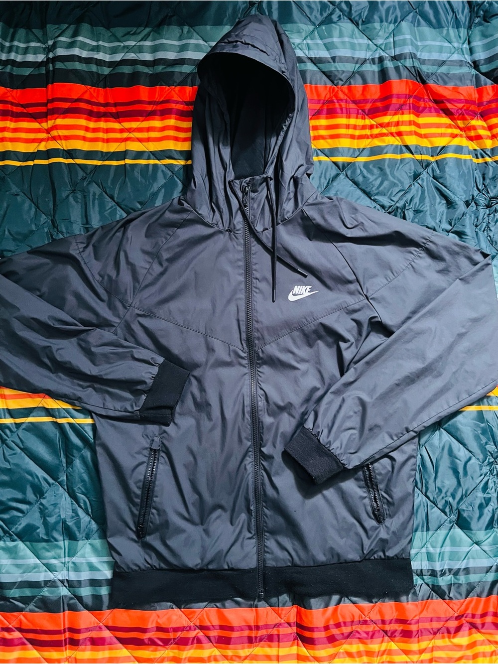 Nike Black Men's Zip-Up Windbreaker Jacket with White Swoosh